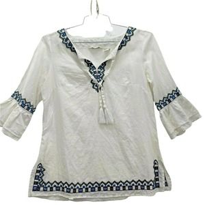 Tweeds Womens Linen Embroidered Top Blouse M Tie Front Peasant White Blue 3/4 SL